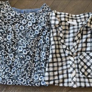 J. Jill Blue Floral and Black Checkered Blouses lot of 2 size small cottagecore